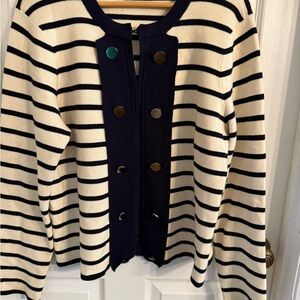 Chico's Navy and Cream Striped Cardigan SZ 3
